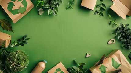 Green background with plants and recyclable materials.