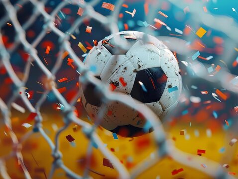 A soccer ball hitting the back of the net, with a close up of the ball and net.