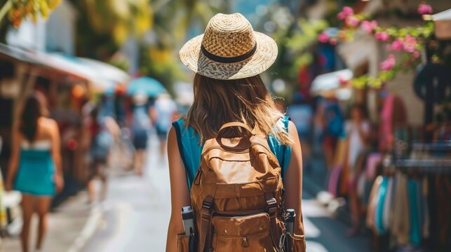 A woman tourist with a backpack walks in a local market near the beach. Generative AI