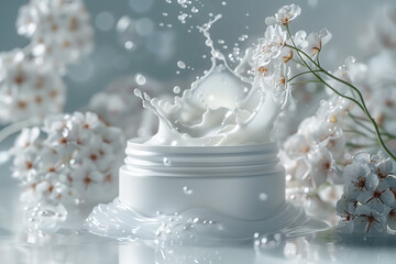 Fototapeta premium Levitation moisturizing cream in bottle on white background, 3D render. Creative illustration with splashes of cream, mock up