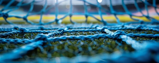 An extreme close up of the back of a blue sports net. - Powered by Adobe