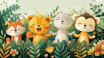 A group of woodland animals are gathered together in a lush forest