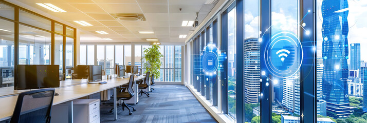 A smart office environment with IoT sensors optimizing energy usage, temperature control, and workspace efficiency.