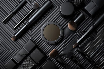 Pattern of beauty products in a black color, background with cosmetic powder and mirror. Top view of eyeshadow or blush. Cosmetics concept, 3D render