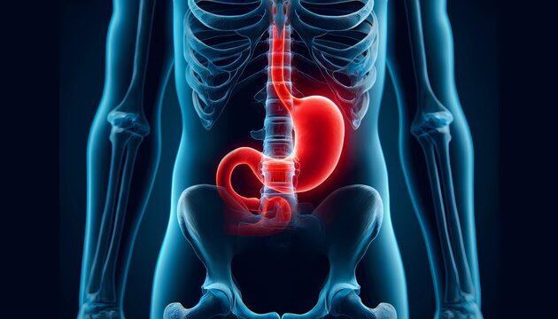 x-ray visualization of the gastrointestinal tract with highlighted stomach in red, depicting gastric issues, Concept of gastroenterology and digestive health