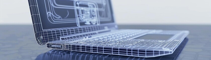 3D wireframe of a laptop, open to show the alignment of the keyboard, screen, and internal components