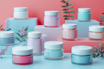 Editorial Mockup for advertising beauty care, composition of boxes and cosmetic bottles, pink and red colors. Cosmetics concept, 3D render