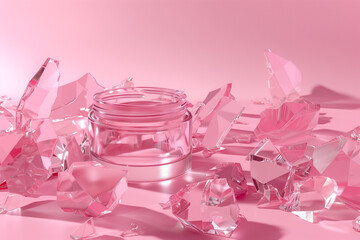 A cosmetic jar in the center with a pink background and broken glass pieces flying around, pastel colors. Minimalist style, 3d render