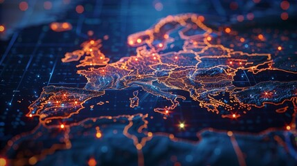 A map of Europe with glowing orange borders and blue glowing dots representing cities.