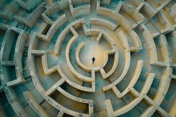 Overhead view of a small figure standing in a colossal circular maze, symbolizing challenge and contemplation