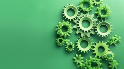 Green cogs and gears on a green background.