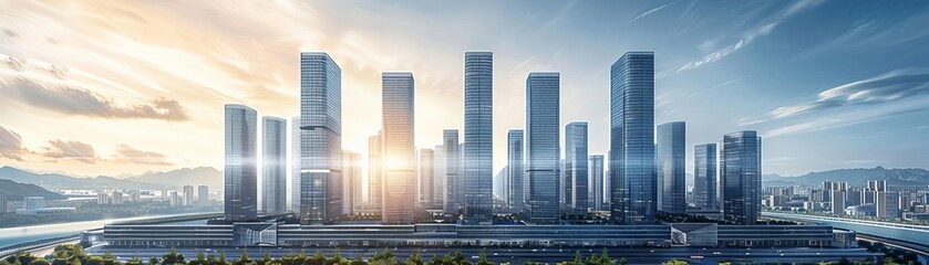 A highrise business district where each skyscraper is designed as a different Platonic solid, symbolizing the diversity of corporate cultures