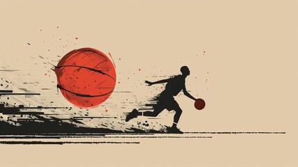 Basketball player dribbling the ball. Dynamic and painterly illustration in warm colors.