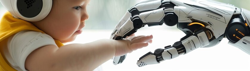 A mother s hand and a robotic hand holding a baby s hand, depicting the role of technology in family and nurturing environments