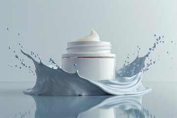 Levitation moisturizing cream in bottle on white background, 3D render. Creative illustration with splashes of cream, mock up