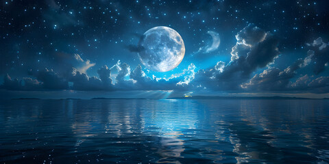 Ocean at Night Under the Soft Glow of the Moon, Full Moon Over Dark Ocean Waves 