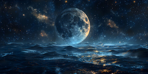 Full Moon Rising Over Tranquil Ocean at Night, Mesmerizing Full Moon Reflecting on Ocean Waves - obrazy, fototapety, plakaty