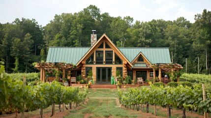 Fototapeta premium Picturesque vineyard with beautiful yellow house in the background, scenic winery view