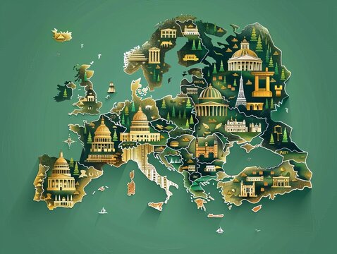 A map of Europe. The countries are represented by their most famous landmarks.