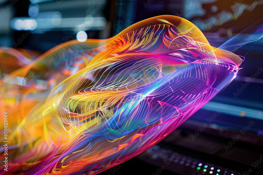 Poster innovative engineering solutions macro view of colorful aerodynamic simulations on a computer screen