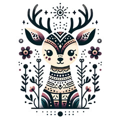 Illustration of a deer with intricate patterns ,bold lines , animal art.
