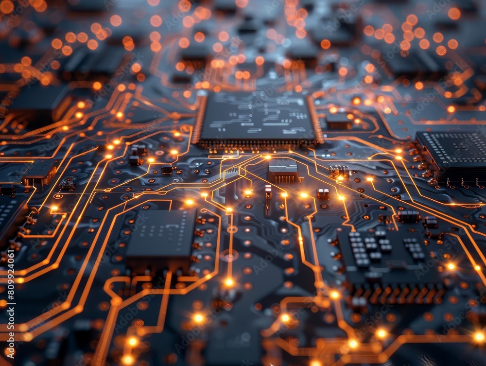 Poster A close-up of a computer circuit board with orange glowing lights