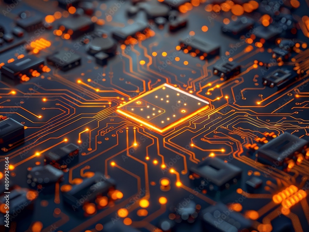 Poster A close-up of a computer chip with orange glowing lights. The chip is surrounded by intricate circuitry.