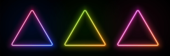 Triangle with neon light. Led glow of geometric shape. Laser frame as a template for text. Fluorescent gradient border for design.