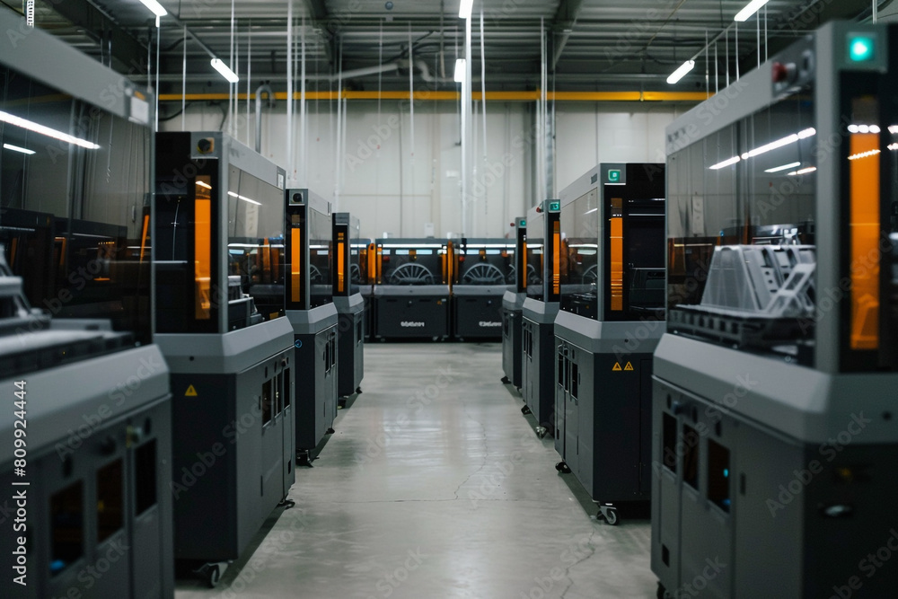 Poster inside view of a 3d printing farms maintenance area, where machines are tuned and calibrated for opt
