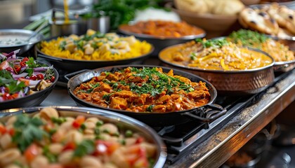 A buffet of Indian food, including various curries, rice, and naan bread.
