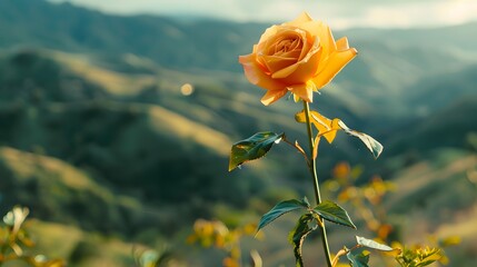 A vibrant orange-yellow gradient rose plant, standing tall against a rolling hillside. 8K resolution. - Powered by Adobe