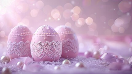 Elegant pastel Easter eggs decorated with lace and pearls, perfect for festive springtime celebrations