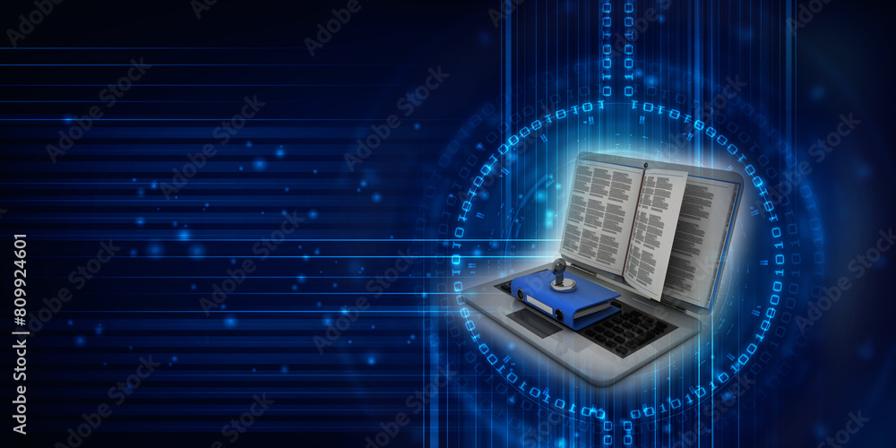 Poster 3d rendering folder on laptop with key protection near book