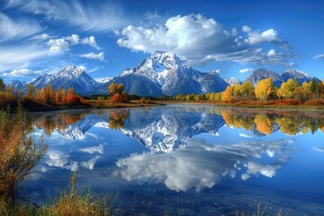 America Landscape. Panoramic View of Grand Tetons Reflected in Lake