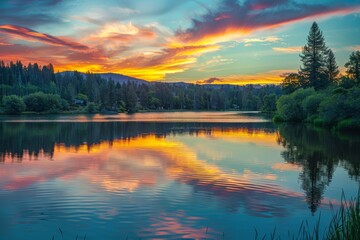 Beautiful sunset over tranquil lake, colorful reflections on water, summer paradise mockup