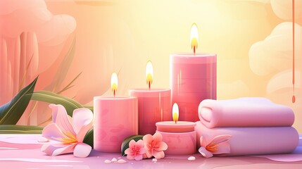 Illustrate a peaceful spa setting in a banner with glowing candles fluffy towels and bright flowers perfect for promoting gift certificates and loyalty programs.