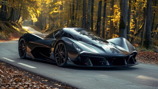 Emphasize the futuristic design of the hypercar, a vision of innovation and sophistication against the pristine green setting.