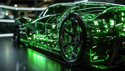 Highlight the hypercar's advanced technology with a close-up of its intricate components, gleaming under the bright green light.