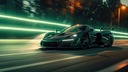 Naklejka premium Showcase the dynamic agility of the hypercar as it maneuvers effortlessly, a symphony of power and grace against the vivid green backdrop.