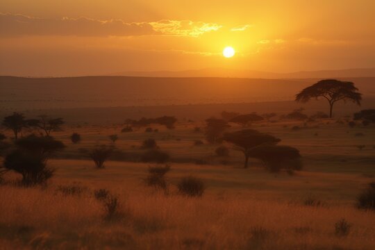 Tranquil and serene african savannah sunset with acacia trees and wildlife silhouettes in golden hour