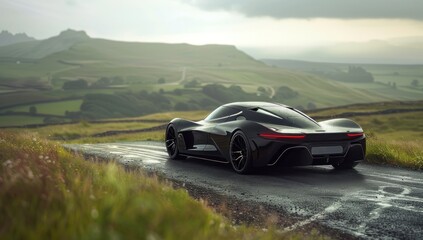 Fototapeta premium Zoom out to reveal the hypercar's journey, a testament to innovation and performance against the expansive green horizon.