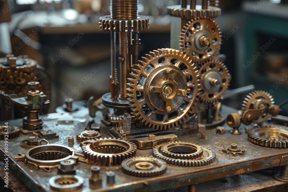 Poster intricate gears and mechanical elements captured in a workshop, highlighting engineering finesse and