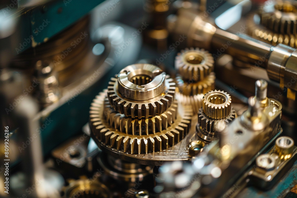 Poster intricate gears and mechanical elements captured in a workshop, highlighting engineering finesse and