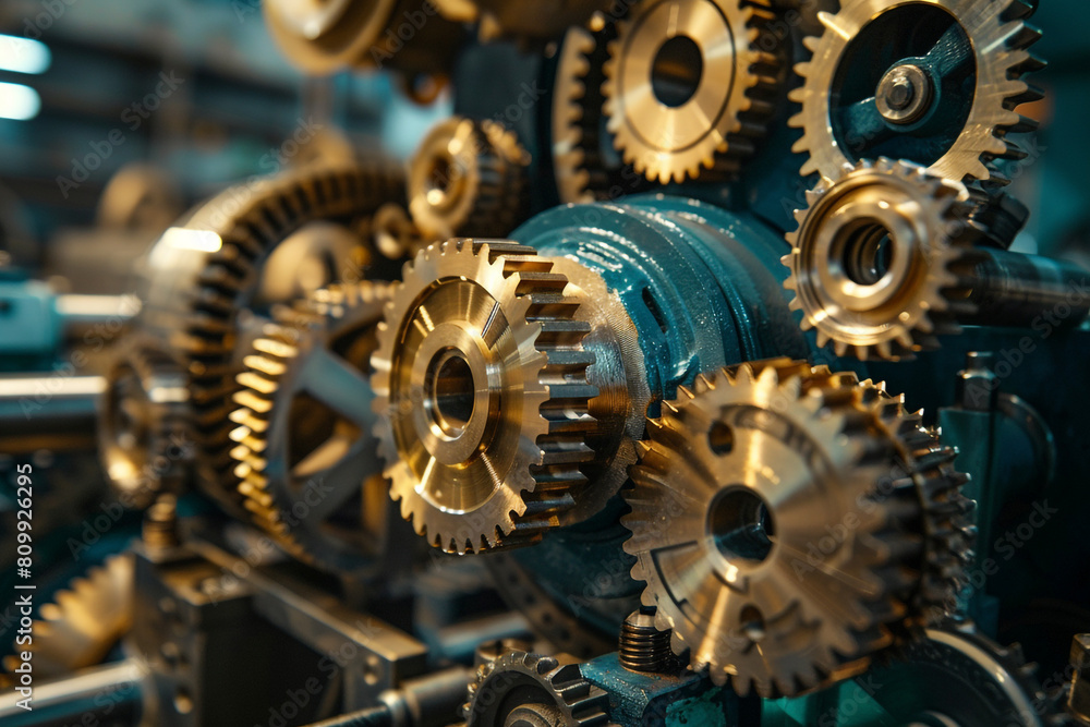 Poster intricate gears and mechanical elements captured in a workshop, highlighting engineering finesse and
