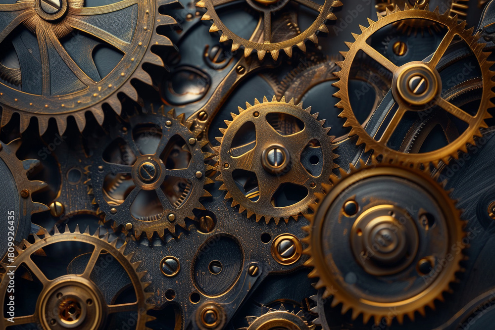 Poster intricate gears and mechanical elements captured in a workshop, highlighting engineering finesse and