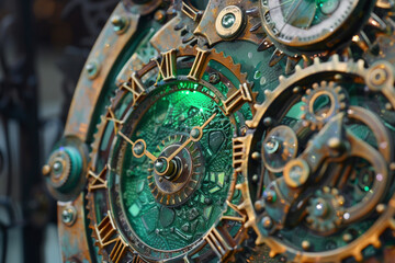 Fototapeta na wymiar Intricate gears of a steampunk clock powered by green energy symbolizing innovation and sustainability 