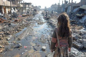 A young child stands, back facing us, looking over a devastated cityscape, evoking loss and resilience