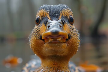 Fototapeta premium Frontal high-definition shot of a duck with vivid, wet feathers, capturing the vibrancy of wildlife