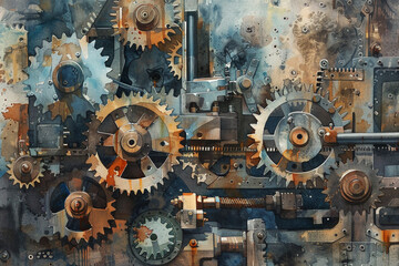 Intricate watercolor showcasing a collection of mechanical components like cogwheels and pistons 