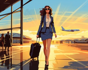 Confident business woman striding through airport with luggage in hand. - obrazy, fototapety, plakaty